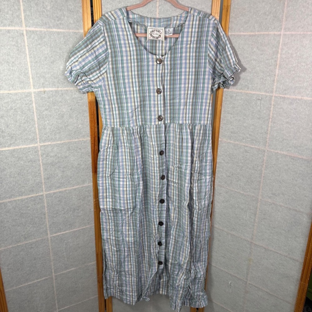 Vintage Erika Plaid Button‎ Front Dress L Blue Green Cotton Cottagecore Pockets